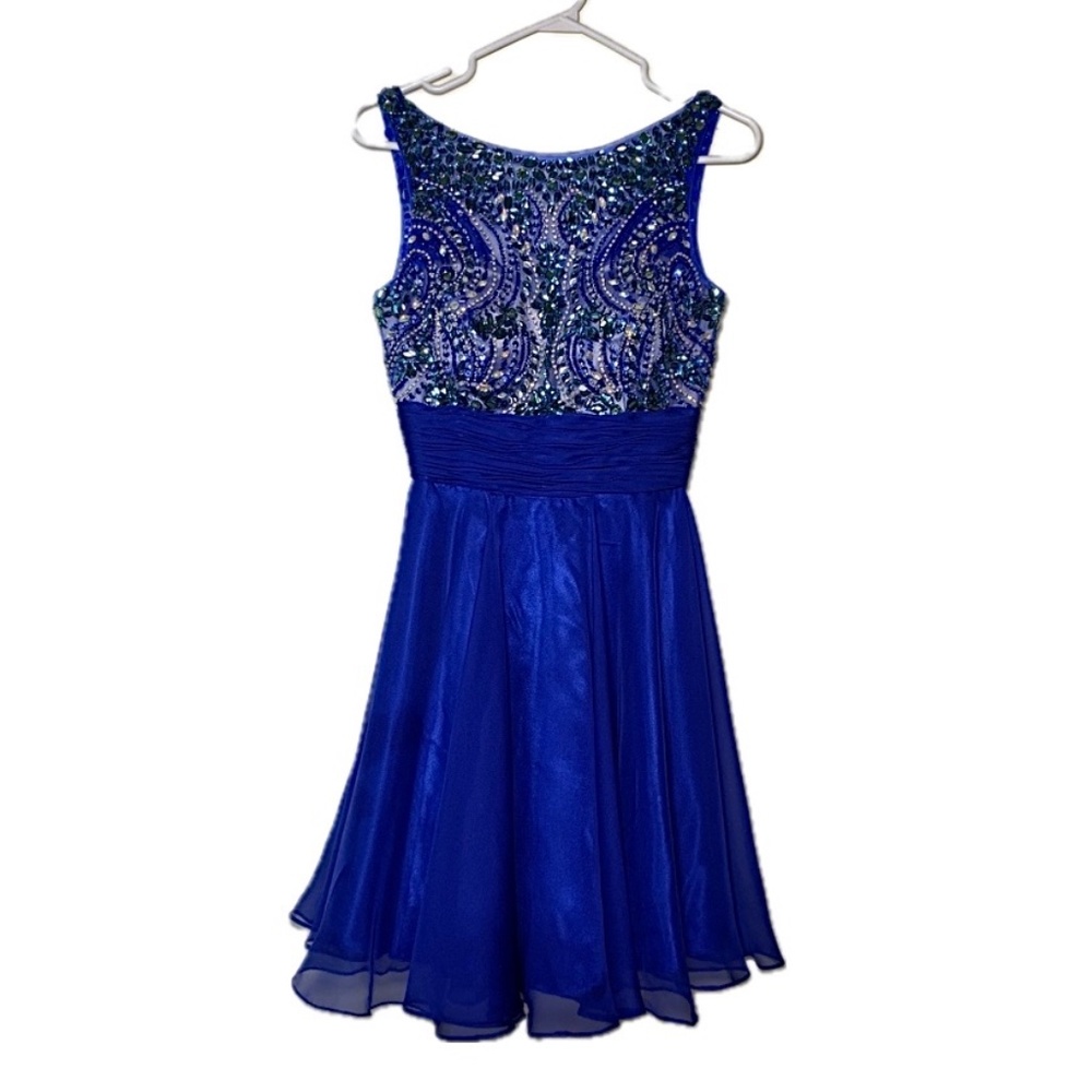 Norma Reed Royal Blue Rhinestone Satin Mesh Mini Fit & Flare Dress Size XS -GUC